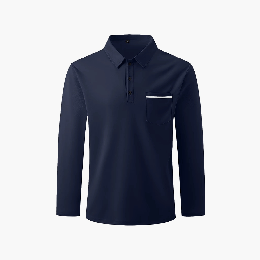 Belfry Pocket Polo smooth, premium fabric discreet chest pocket with contrast trim classic long sleeve design