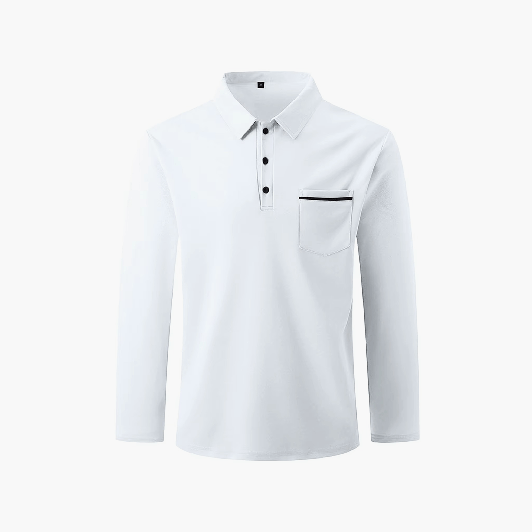 Belfry Pocket Polo smooth, premium fabric discreet chest pocket with contrast trim classic long sleeve design