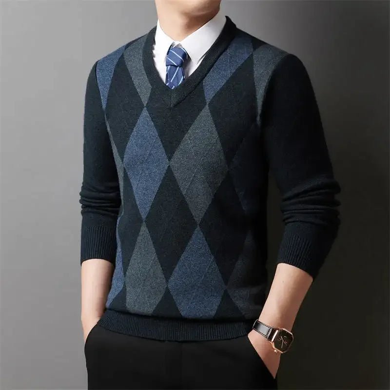 Old Money The Versatile Plaid V - Neck Knitted Sweater - We Are Old Money B072808E2D0E4DA1A2504C1F6CB1454A